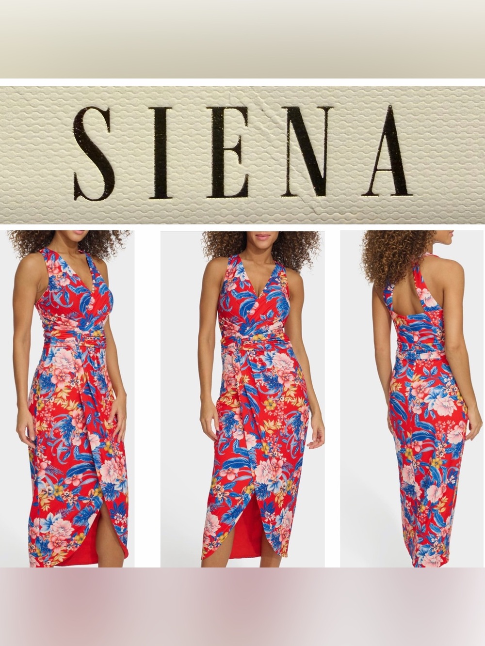 33. Siena Women's Floral Side-Ruched Sleeveless Midi Dress Floral Side-Ruched